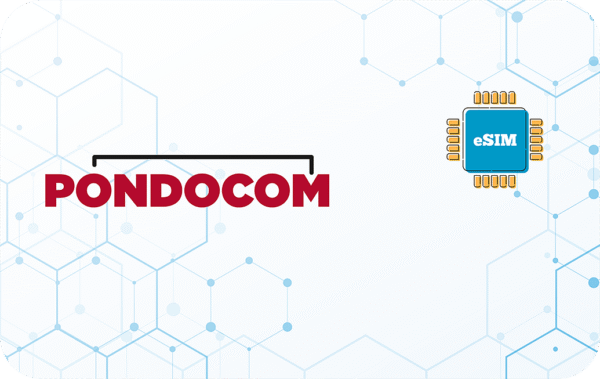 PONDOCOM logo in red with a black bracket above the text and a blue eSIM chip icon on the right against a pale geometric background.