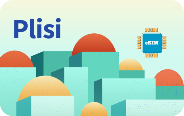 Plisi banner with geometric teal buildings and an eSIM chip icon on the right.
