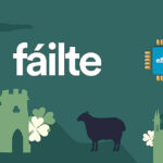 Banner-style illustration with 'fáilte', an eSIM chip, a sheep, castles, and shamrocks for Ireland.
