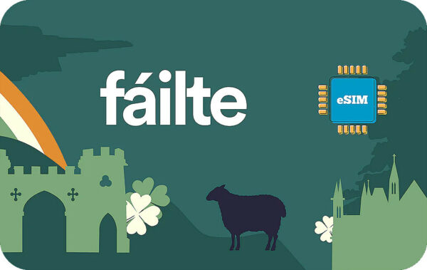 Banner-style illustration with 'fáilte', an eSIM chip, a sheep, castles, and shamrocks for Ireland.