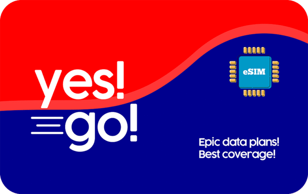 Brand banner for Yes! go! featuring an eSIM chip and the slogan 'Epic data plans! Best coverage!'