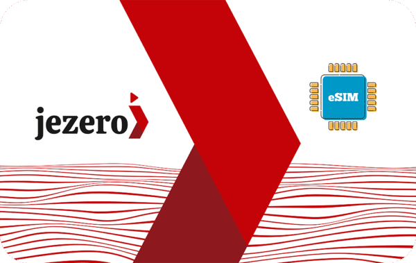 Jezero logo on left with red diagonal stripe and blue eSIM chip graphic on right, decorative wavy lines below.