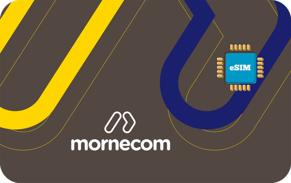 Brand illustration: brown background with yellow and blue curved stripes, Mornecom logo centered and an eSIM chip graphic labeled eSIM