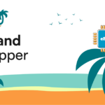 Island hopper branding with palm trees, a beach landscape, and an eSIM chip illustration on a white background.