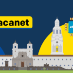 Bacanet logo on a yellow rounded rectangle, with a historic building and a blue eSIM chip on a yellow arc in a colorful cityscape