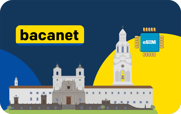 Bacanet logo on a yellow rounded rectangle, with a historic building and a blue eSIM chip on a yellow arc in a colorful cityscape