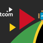 Kittcom logo on a dark background with colorful geometric shapes and a blue eSIM chip.