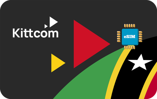 Kittcom logo on a dark background with colorful geometric shapes and a blue eSIM chip.