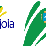 Brand graphic showing Joia logo with colorful swooshes on the left and a blue eSIM chip on a green abstract background, conveying branding for eSIM tech.