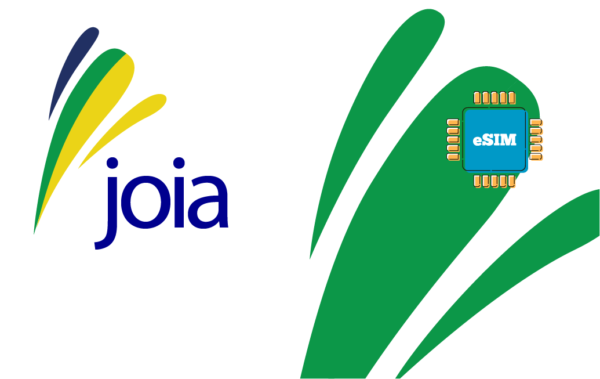 Brand graphic showing Joia logo with colorful swooshes on the left and a blue eSIM chip on a green abstract background, conveying branding for eSIM tech.