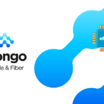 Mongo brand logo with 'Mobile & Fiber' text and a blue abstract network motif, and a blue eSIM chip illustration on the right.