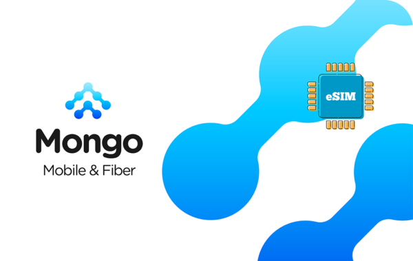 Mongo brand logo with 'Mobile & Fiber' text and a blue abstract network motif, and a blue eSIM chip illustration on the right.