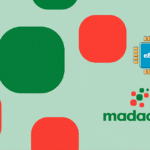 Abstract mint background with red and green rounded squares; an eSIM chip icon on the right and the Madacom logo nearby.