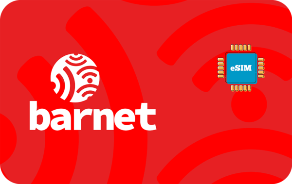 Brand graphic with white 'barnet' logo on red background and an eSIM chip illustration labeled eSIM.