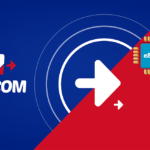 NZCOM branding on a blue background with a diagonal red split, featuring a large white forward arrow and an eSIM chip piece on the red side