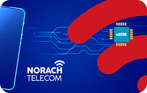 Blue tech-themed banner showing a smartphone edge, circuit lines, and an eSIM chip with Norach Telecom branding.