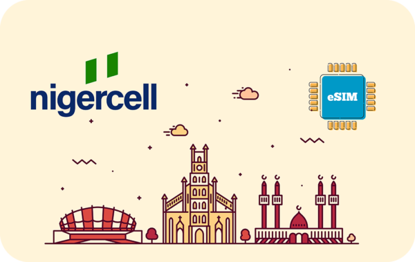Nigercell banner with logo on the left, a stylized city skyline including a stadium, a cathedral and a mosque, and an eSIM chip on the right on a light beige background.