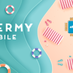 Bermy Mobile banner: turquoise sea on the left, sandy beach on the right, with an eSIM chip logo and striped sun loungers and lifebuoys.