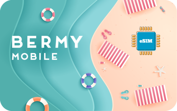 Bermy Mobile banner: turquoise sea on the left, sandy beach on the right, with an eSIM chip logo and striped sun loungers and lifebuoys.