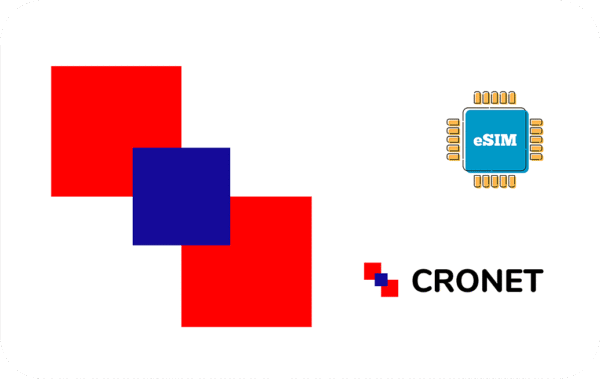 Brand illustration with overlapping red and blue squares, an eSIM chip icon, and the CRONET logo.