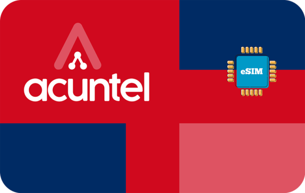 Acuntel brand graphic on a red and navy geometric background with an eSIM chip illustration, conveying branding and tech