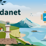 Coastal landscape with a lighthouse, village, mountains, and boats; a blue eSIM chip labeled eSIM sits over the water, with 'Adanet' text in the sky.
