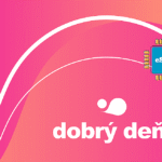 Vibrant gradient banner with white text 'dobrý den!' and a blue eSIM chip in the top-right corner.