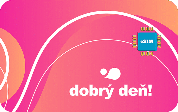 Vibrant gradient banner with white text 'dobrý den!' and a blue eSIM chip in the top-right corner.