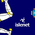 Islenet branding on a blue background featuring a white jumping figure, yellow joints, stars, and an eSIM chip illustration.