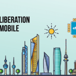 Colorful illustrated city skyline with Liberation Mobile logo on the left and an eSIM chip in the sky above the buildings.