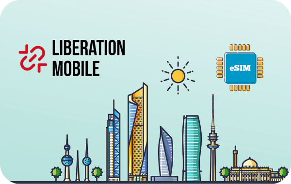 Colorful illustrated city skyline with Liberation Mobile logo on the left and an eSIM chip in the sky above the buildings.