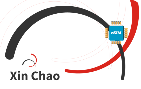 Greeting graphic for eSIM tech: blue eSIM chip on curved red/black arcs with the text 'Xin Chao'.