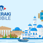 Meraki Mobile branding with logo beside a blue-domed Mediterranean cityscape and an eSIM chip.