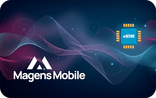 MagensMobile banner with logo on the left and a blue eSIM chip on the right, set against neon wave patterns on a dark blue gradient.
