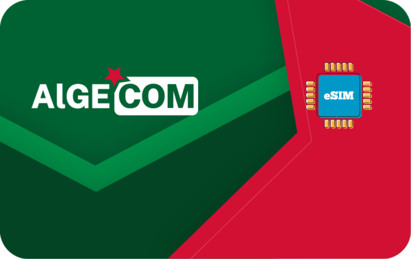 AIGECOM logo in white on dark green background with a red star, plus a blue eSIM chip on a red panel in the corner; tech branding banner.