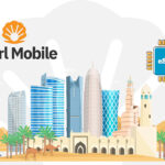 Pearl Mobile logo with orange shell icon beside a modern city skyline, palm trees, camels, and an eSIM chip in the upper right corner.