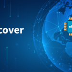 Blue tech illustration showing a globe with network lines and an eSIM chip labeled eSIM, with the word Discover on the left.