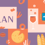 Brand banner with the word ELAN and illustrations of wine, cheese, bread, oil, and an eSIM chip on a purple and orange backdrop.