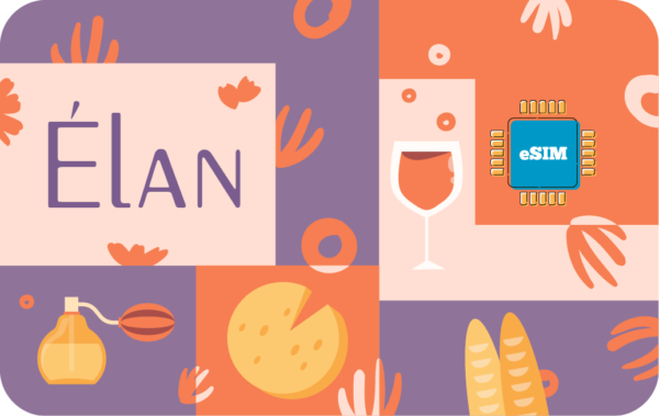 Brand banner with the word ELAN and illustrations of wine, cheese, bread, oil, and an eSIM chip on a purple and orange backdrop.