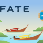 Bright tropical scene with two boats on clear water and the word EFATE at top; palm trees frame the scene and an eSIM chip appears in the sky.