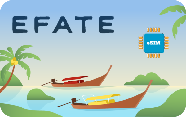 Bright tropical scene with two boats on clear water and the word EFATE at top; palm trees frame the scene and an eSIM chip appears in the sky.