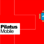 Pilatus Mobile logo on a red circuit-board background, with a blue eSIM chip to the right.