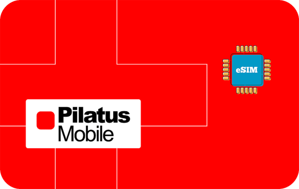 Pilatus Mobile logo on a red circuit-board background, with a blue eSIM chip to the right.