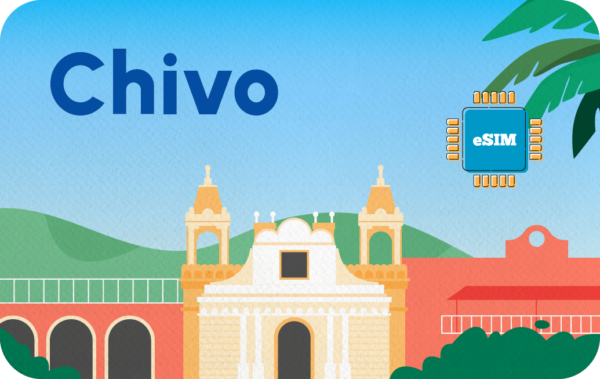 Chivo branding illustration with the word 'Chivo' and a blue eSIM chip in the sky above a tropical landscape.