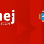 Hej Telecom branding on a red background with an eSIM chip illustration on the right