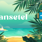 Brand hero: Mansetel on a tropical beach with an eSIM chip graphic in palm leaves.