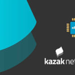 Teal geometric shapes on a dark background with an eSIM chip icon and the kazaknet logo.