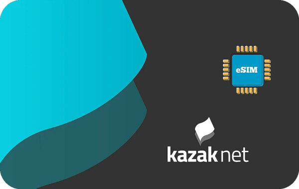 Teal geometric shapes on a dark background with an eSIM chip icon and the kazaknet logo.