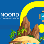 Brand hero: Noord Communication logo with an eSIM chip and tropical island illustration on a blue background.