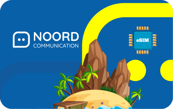 Brand hero: Noord Communication logo with an eSIM chip and tropical island illustration on a blue background.